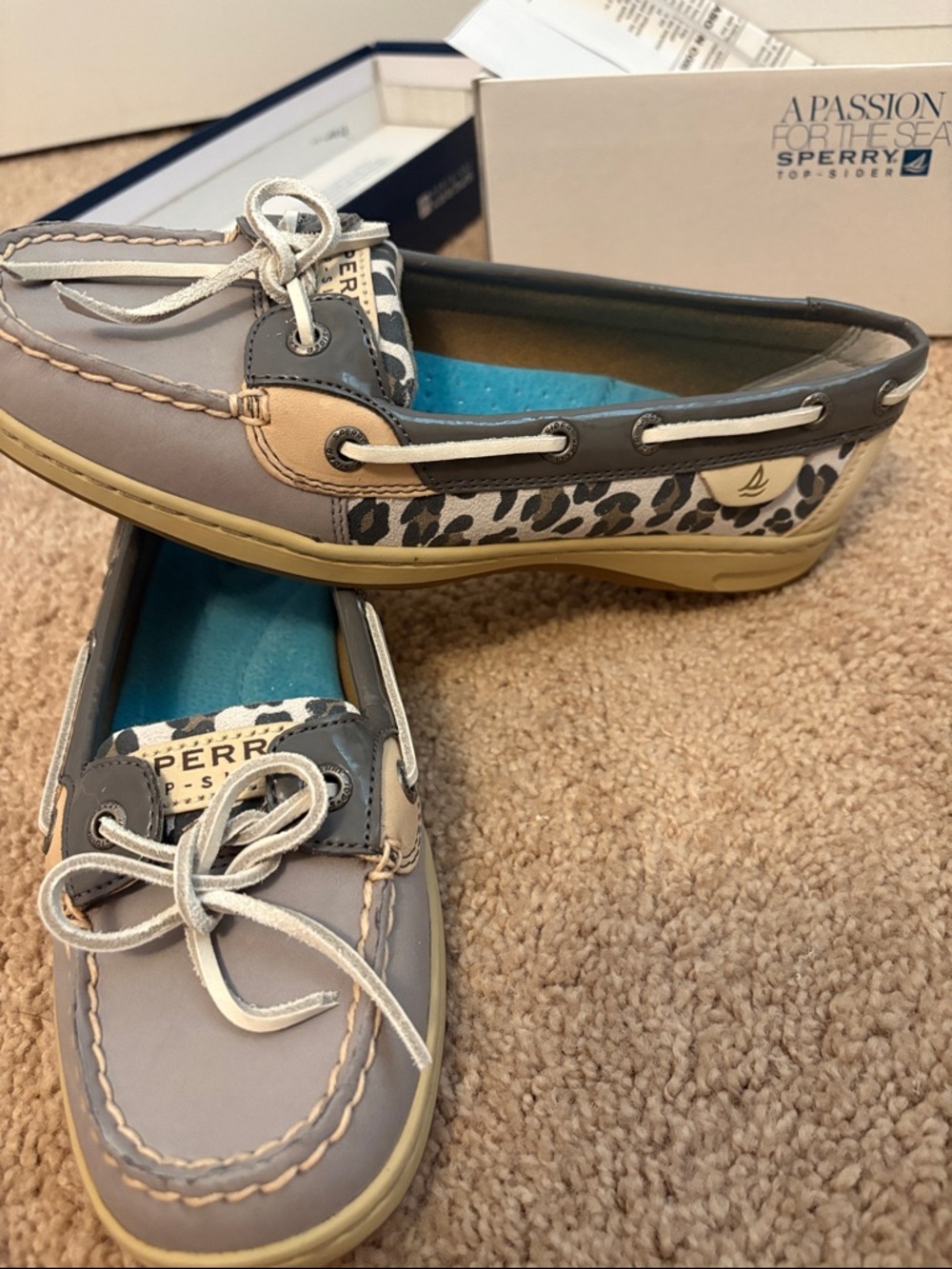 Sperry Gray Boat Shoe with Leopard Trim and Tan Accents